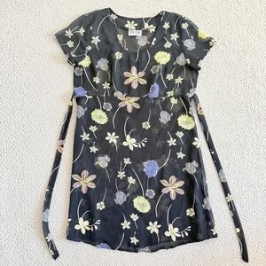 Y2K Milkmaid Top Medium Black Sheer Floral Belted Fairy‎ Grunge Whimsigoth